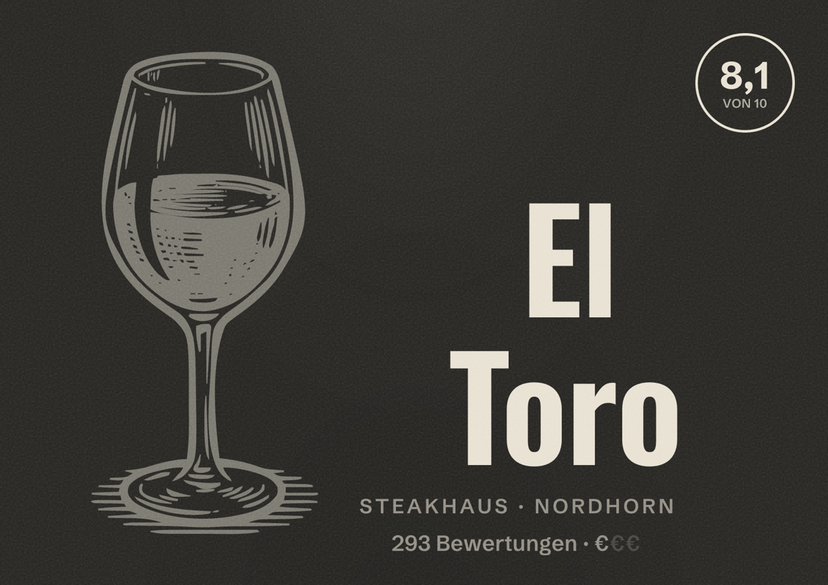 Illustriertes Poster von El Toro, Steakhaus in Nordhorn: Bewertung 8,1 von 10 aus 293 Bewertungen, Preisniveau €