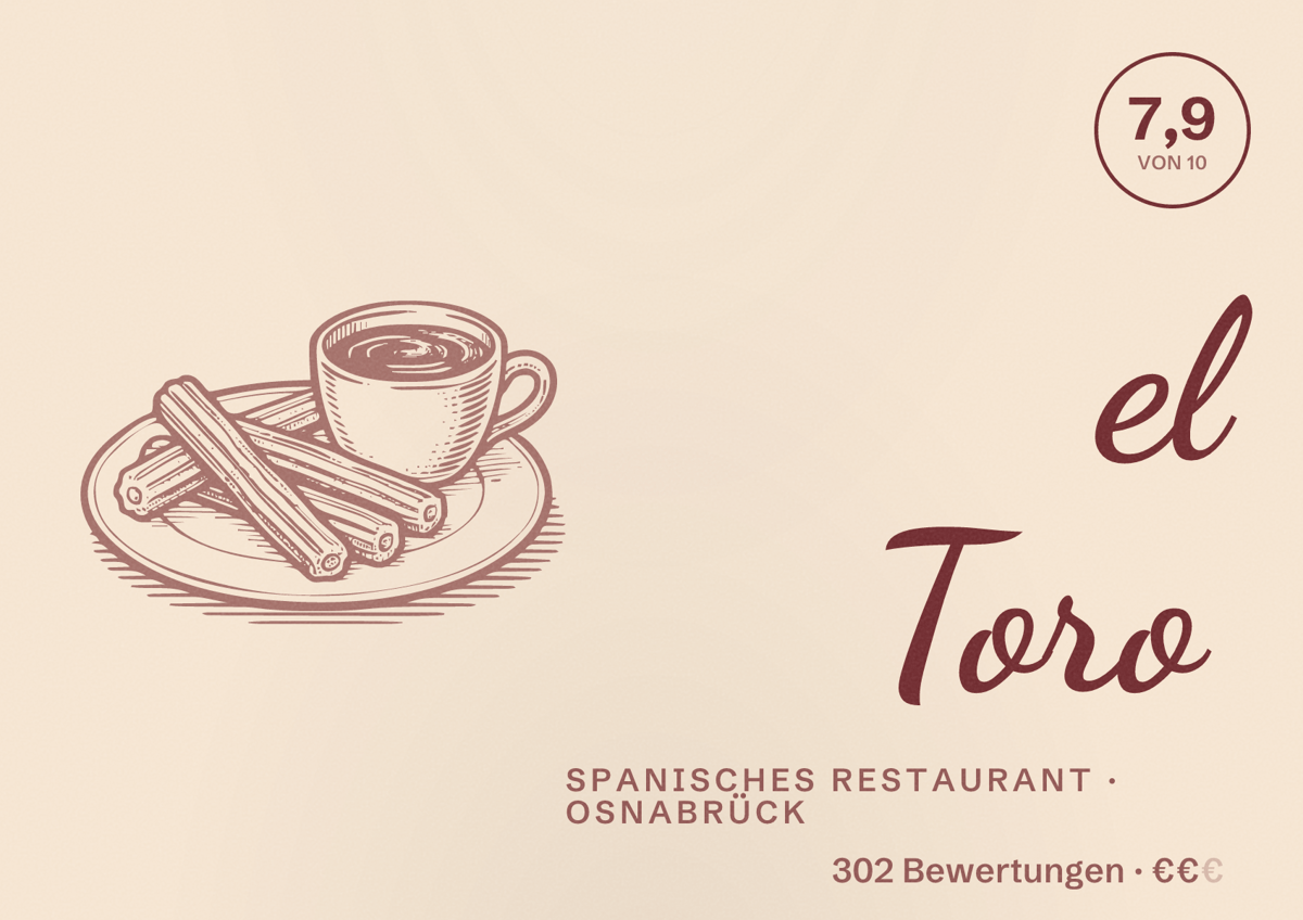 Illustriertes Poster von el Toro, Spanisches Restaurant in Osnabrück: Bewertung 7,9 von 10 aus 302 Bewertungen, Preisniveau €€