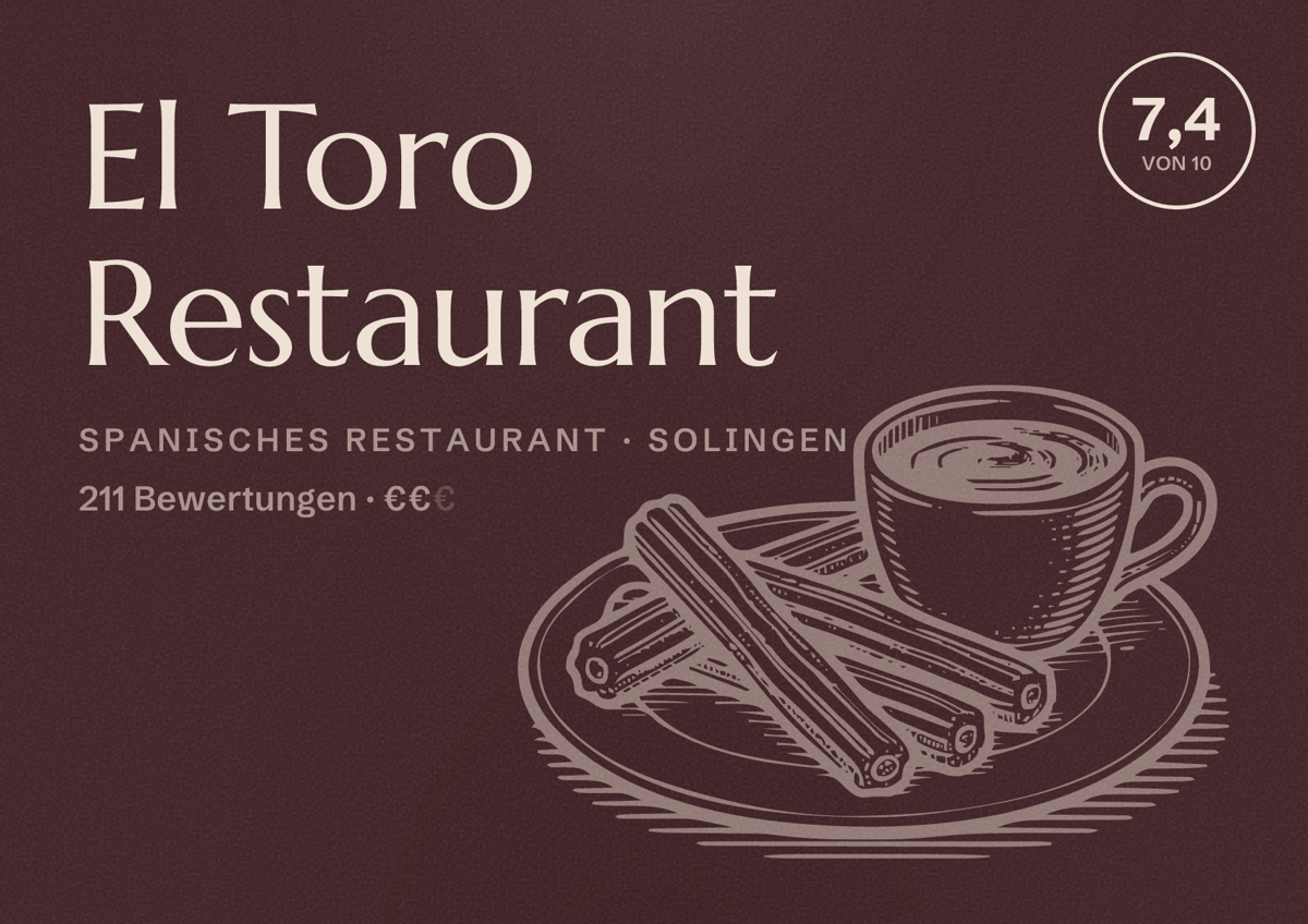 Illustriertes Poster von El Toro Restaurant, Spanisches Restaurant in Solingen: Bewertung 7,4 von 10 aus 211 Bewertungen, Preisniveau €€