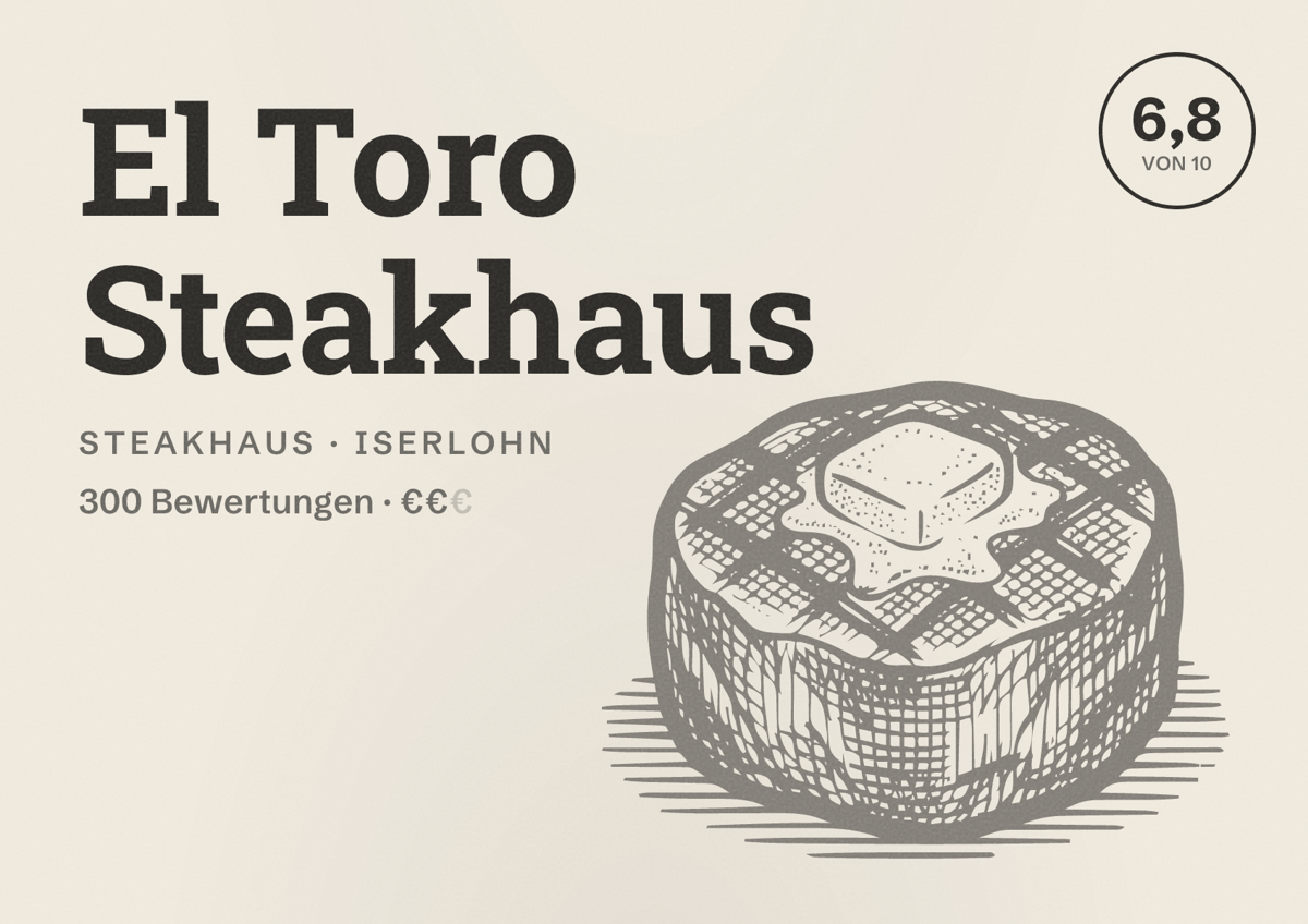 Illustriertes Poster von El Toro Steakhaus, Steakhaus in Iserlohn: Bewertung 6,8 von 10 aus 300 Bewertungen, Preisniveau €€