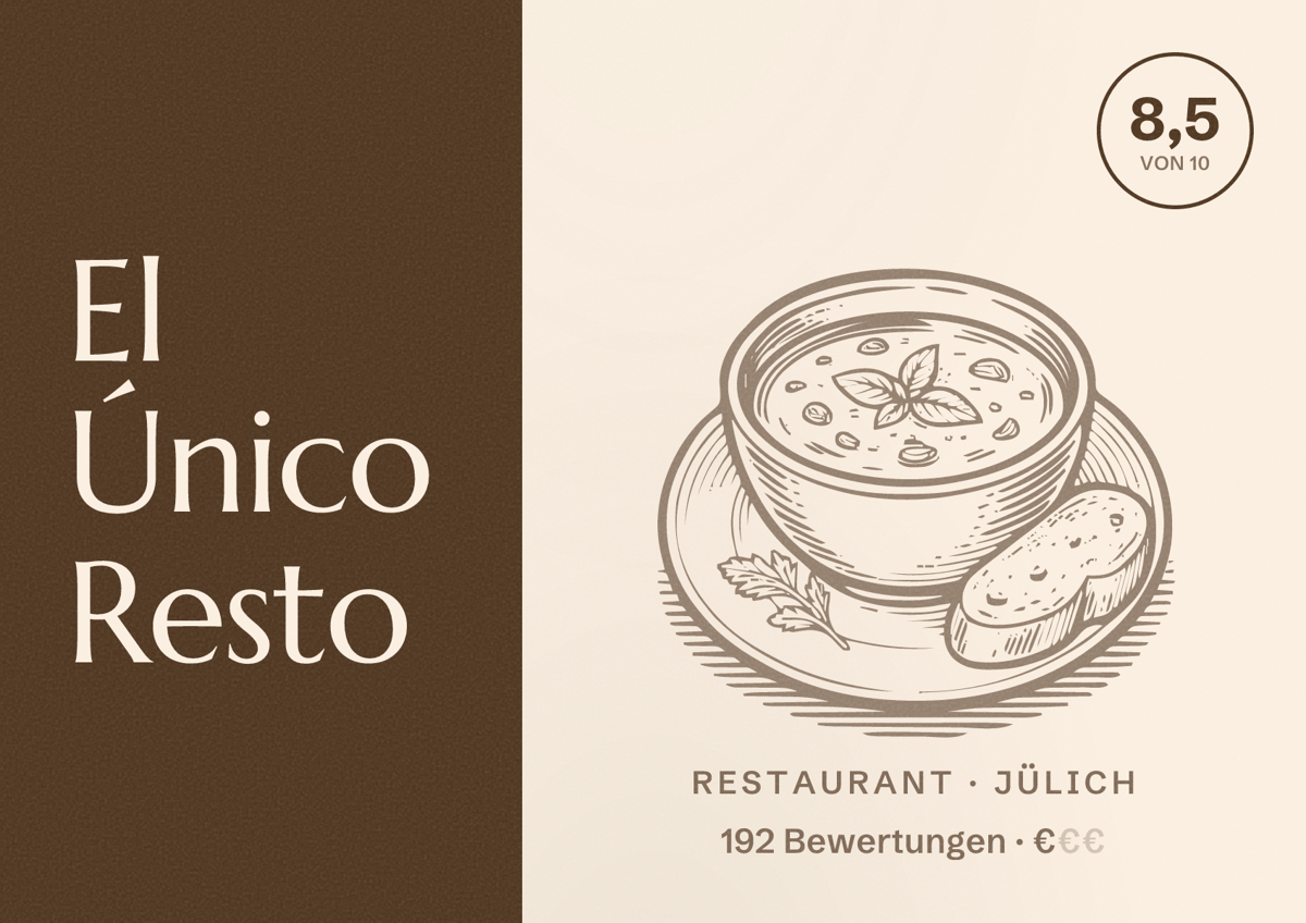 Illustriertes Poster von El Único Resto, Restaurant in Jülich: Bewertung 8,5 von 10 aus 192 Bewertungen, Preisniveau €