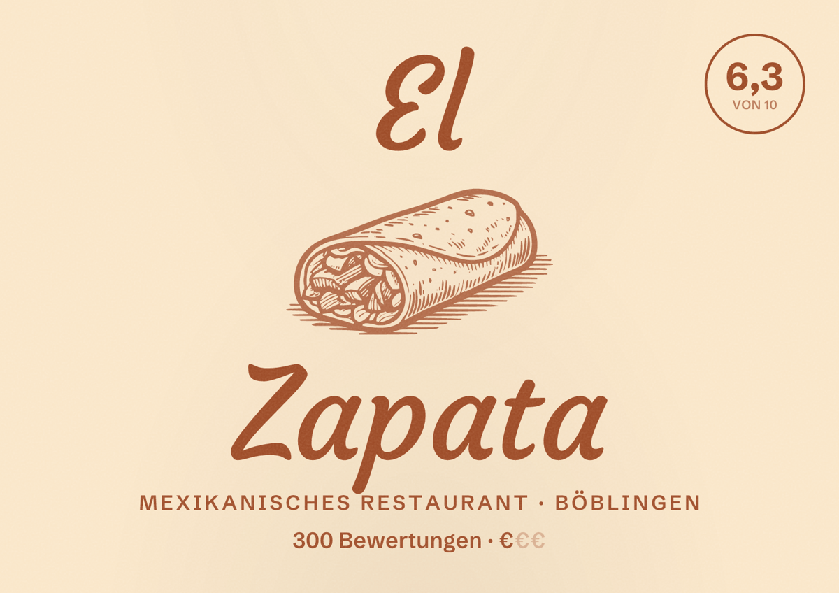 Illustriertes Poster von El Zapata, Mexikanisches Restaurant in Böblingen: Bewertung 6,3 von 10 aus 300 Bewertungen, Preisniveau €