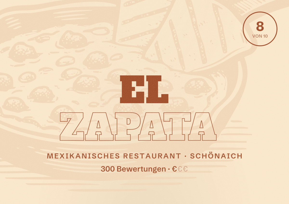 Illustriertes Poster von El Zapata, Mexikanisches Restaurant in Schönaich: Bewertung 8 von 10 aus 300 Bewertungen, Preisniveau €