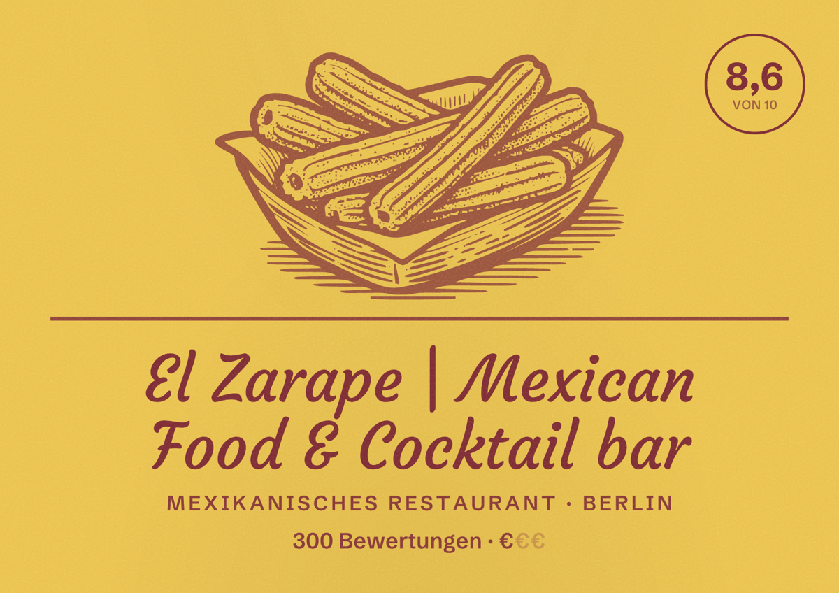 Illustriertes Poster von El Zarape | Mexican Food & Cocktail bar, Mexikanisches Restaurant in Berlin: Bewertung 8,6 von 10 aus 300 Bewertungen, Preisniveau €