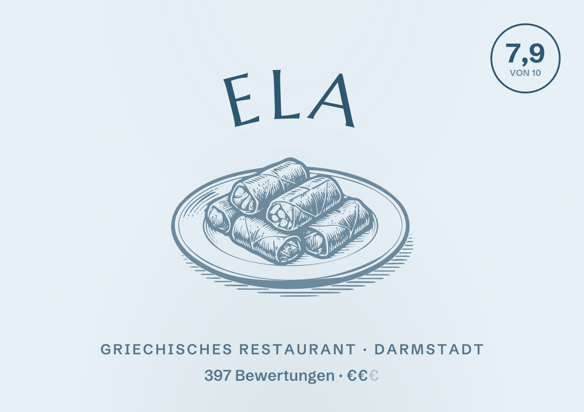 Illustriertes Poster von Ela, Griechisches Restaurant in Darmstadt: Bewertung 7,9 von 10 aus 397 Bewertungen, Preisniveau €€