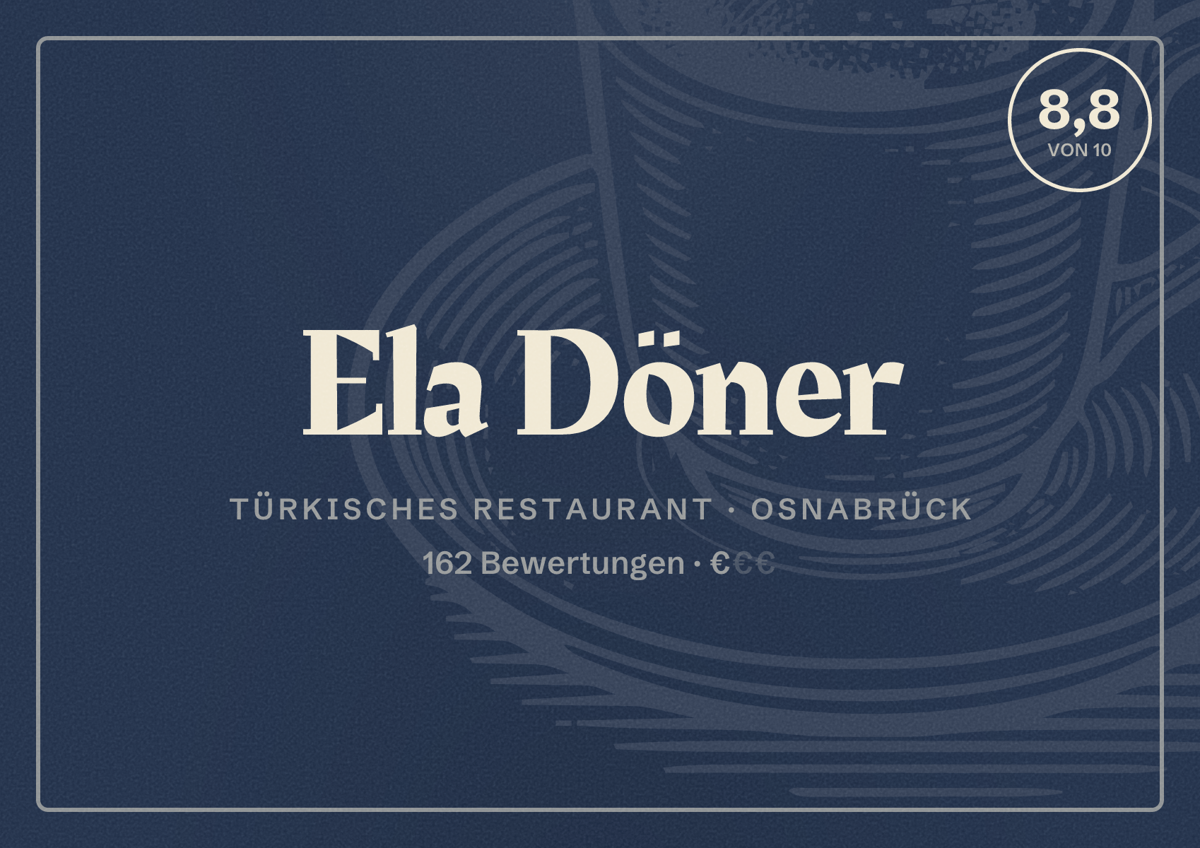 Illustriertes Poster von Ela Döner, Türkisches Restaurant in Osnabrück: Bewertung 8,8 von 10 aus 162 Bewertungen, Preisniveau €