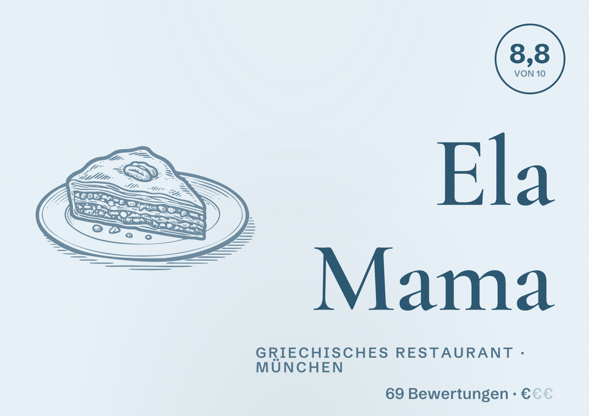 Illustriertes Poster von Ela Mama, Griechisches Restaurant in München: Bewertung 8,8 von 10 aus 69 Bewertungen, Preisniveau €