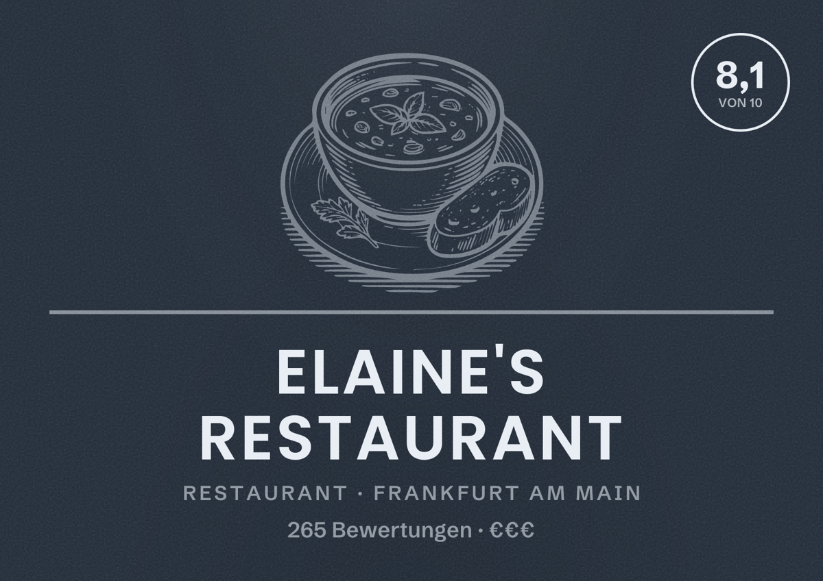 Illustriertes Poster von Elaine's Restaurant, Restaurant in Frankfurt am Main: Bewertung 8,1 von 10 aus 265 Bewertungen, Preisniveau €€€