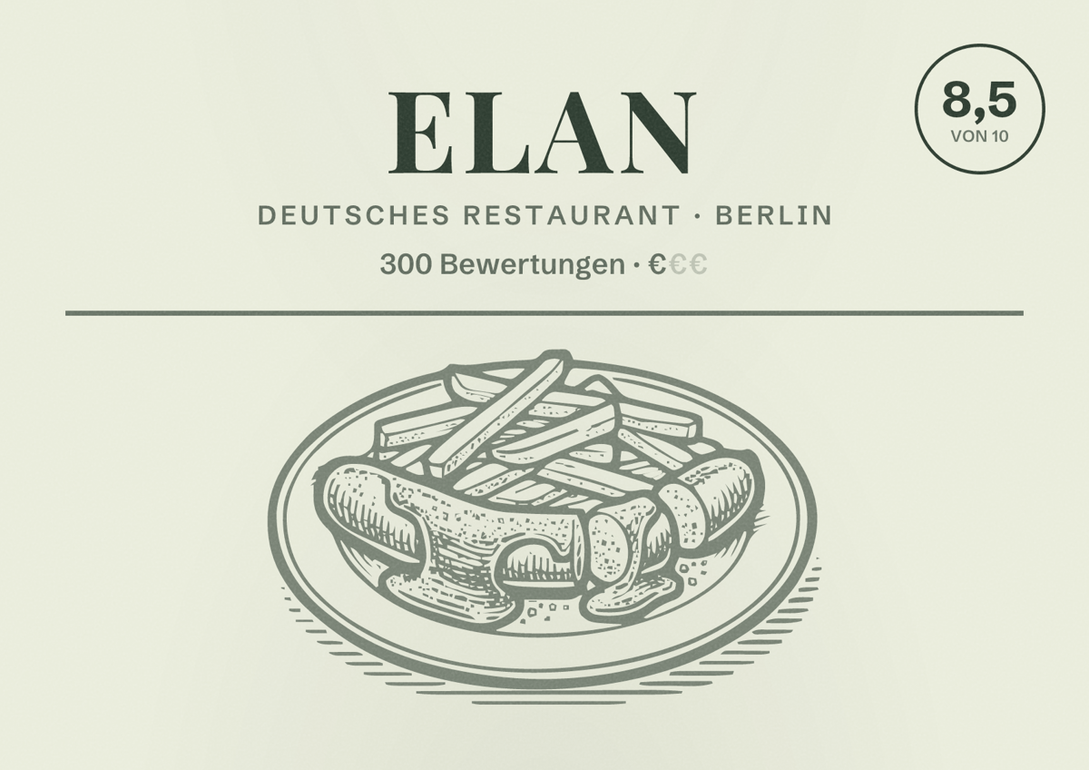 Illustriertes Poster von Elan, Deutsches Restaurant in Berlin: Bewertung 8,5 von 10 aus 300 Bewertungen, Preisniveau €