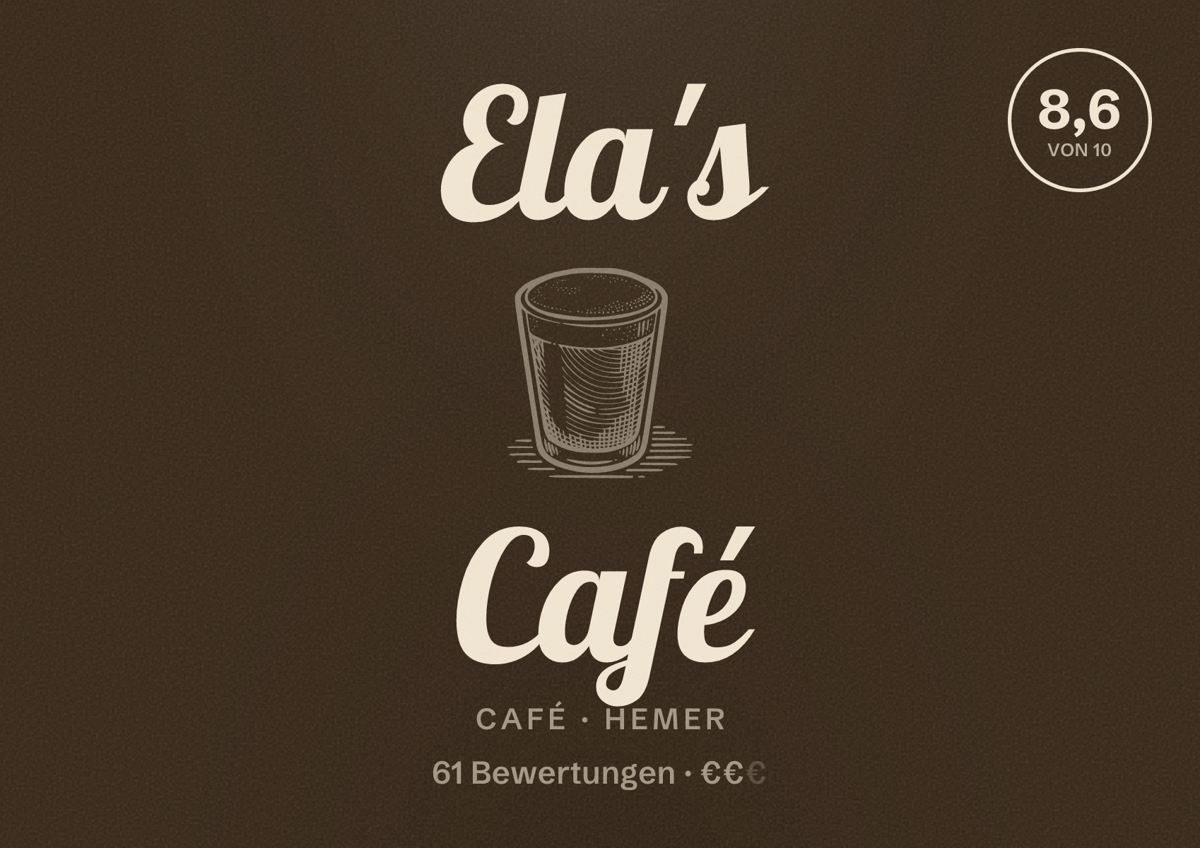 Illustriertes Poster von Ela's Café, Café in Hemer: Bewertung 8,6 von 10 aus 61 Bewertungen, Preisniveau €€