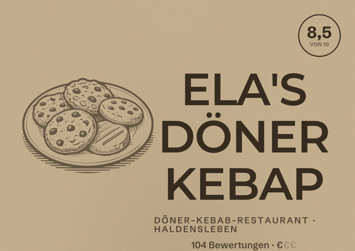 Illustriertes Poster von ELA'S DÖNER KEBAP, Döner-Kebab-Restaurant in Haldensleben: Bewertung 8,5 von 10 aus 104 Bewertungen, Preisniveau €