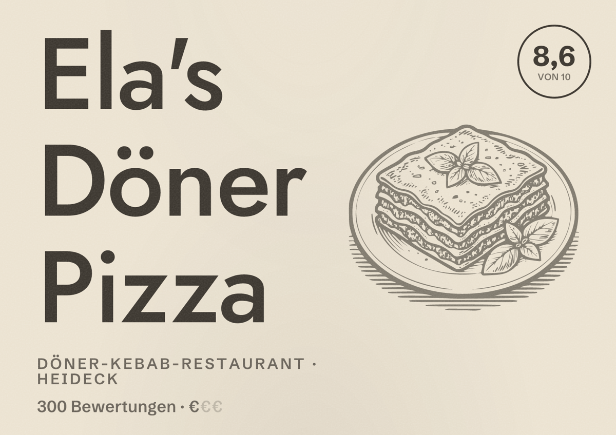 Illustriertes Poster von Ela's Döner Pizza, Döner-Kebab-Restaurant in Heideck: Bewertung 8,6 von 10 aus 300 Bewertungen, Preisniveau €