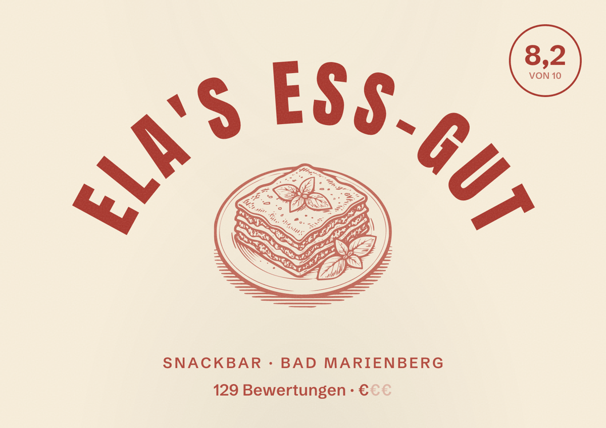 Illustriertes Poster von Ela's Ess-Gut, Snackbar in Bad Marienberg: Bewertung 8,2 von 10 aus 129 Bewertungen, Preisniveau €