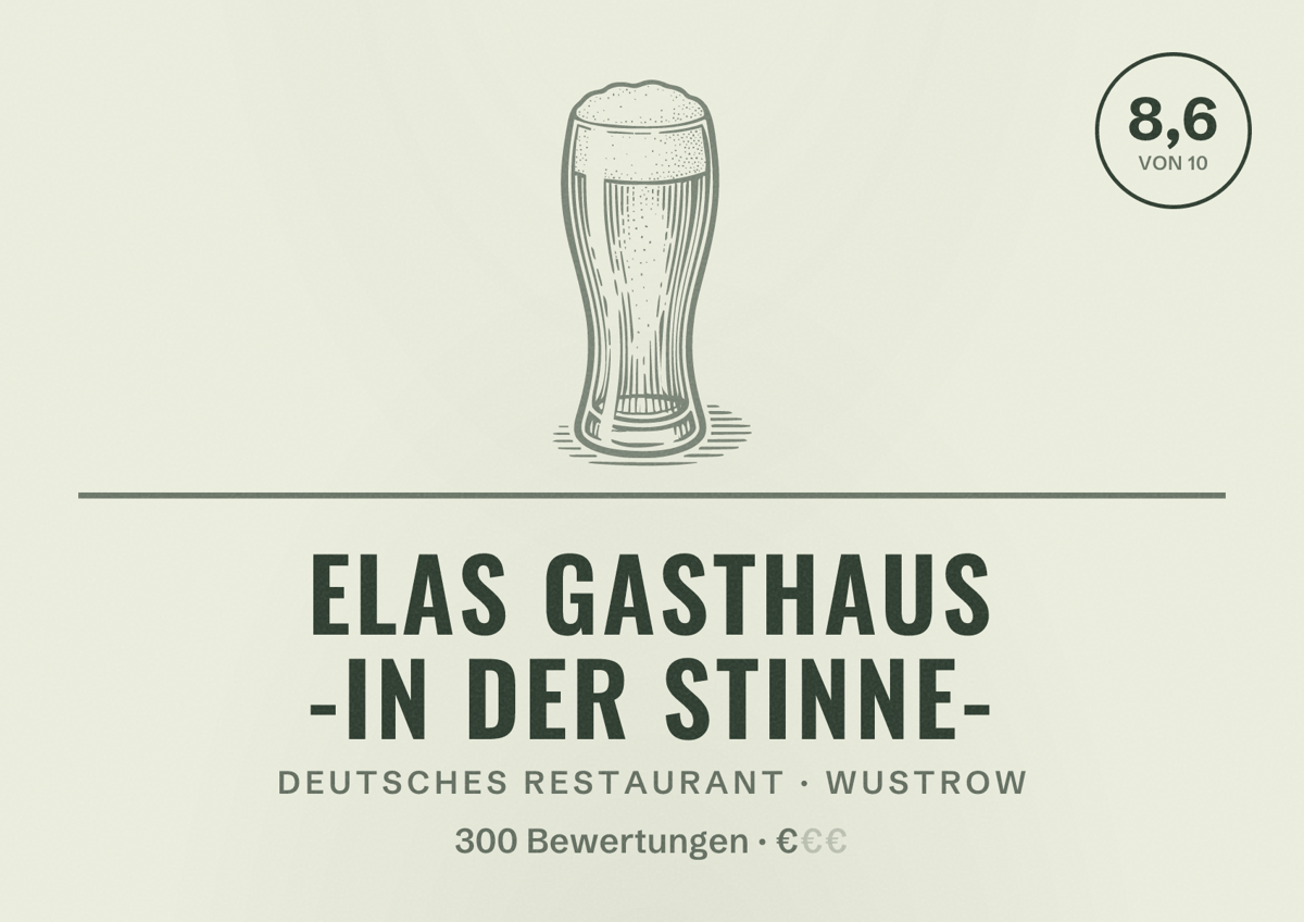 Illustriertes Poster von ELAS Gasthaus -in der Stinne-, Deutsches Restaurant in Wustrow: Bewertung 8,6 von 10 aus 300 Bewertungen, Preisniveau €