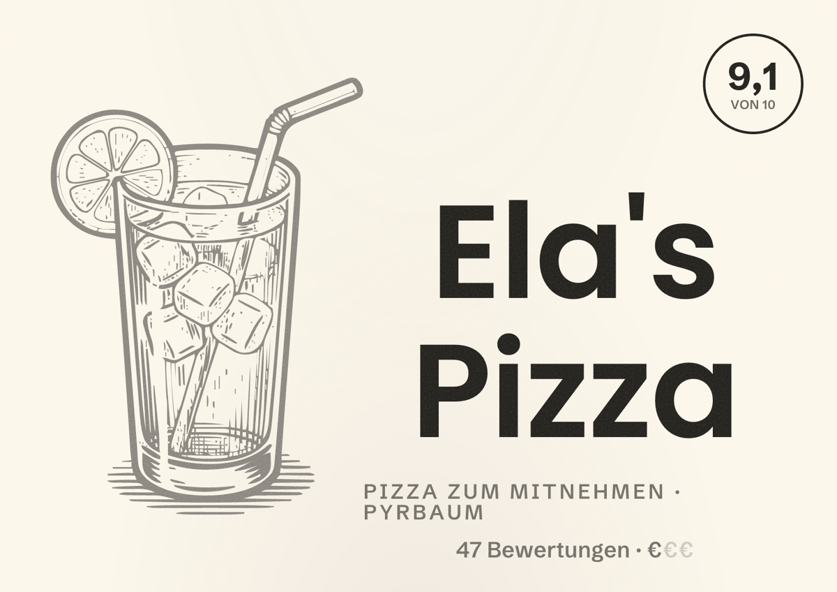 Illustriertes Poster von Ela's Pizza, Pizza zum Mitnehmen in Pyrbaum: Bewertung 9,1 von 10 aus 47 Bewertungen, Preisniveau €