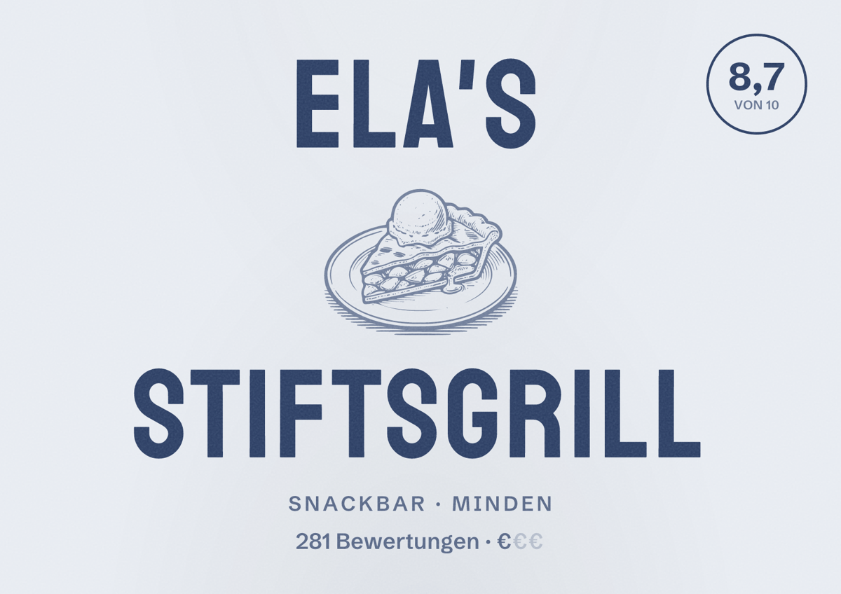 Illustriertes Poster von Ela's Stiftsgrill, Snackbar in Minden: Bewertung 8,7 von 10 aus 281 Bewertungen, Preisniveau €