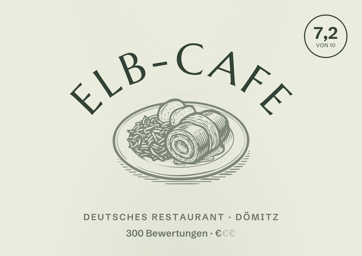 Illustriertes Poster von Elb-Cafe, Deutsches Restaurant in Dömitz: Bewertung 7,2 von 10 aus 300 Bewertungen, Preisniveau €