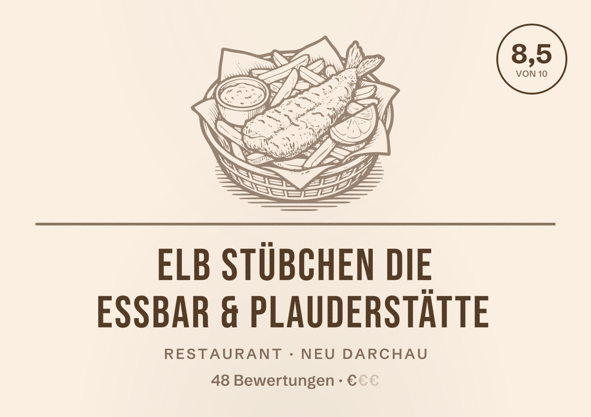 Illustriertes Poster von ELB Stübchen Die EssBar & Plauderstätte, Restaurant in Neu Darchau: Bewertung 8,5 von 10 aus 48 Bewertungen, Preisniveau €