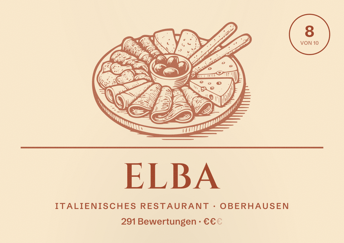 Illustriertes Poster von Elba, Italienisches Restaurant in Oberhausen: Bewertung 8 von 10 aus 291 Bewertungen, Preisniveau €€
