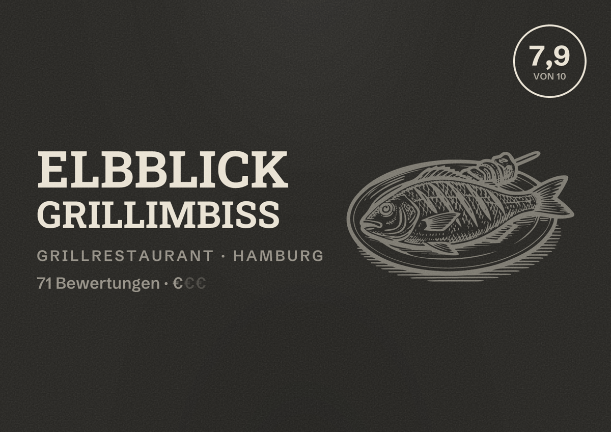 Illustriertes Poster von Elbblick Grillimbiss, Grillrestaurant in Hamburg: Bewertung 7,9 von 10 aus 71 Bewertungen, Preisniveau €