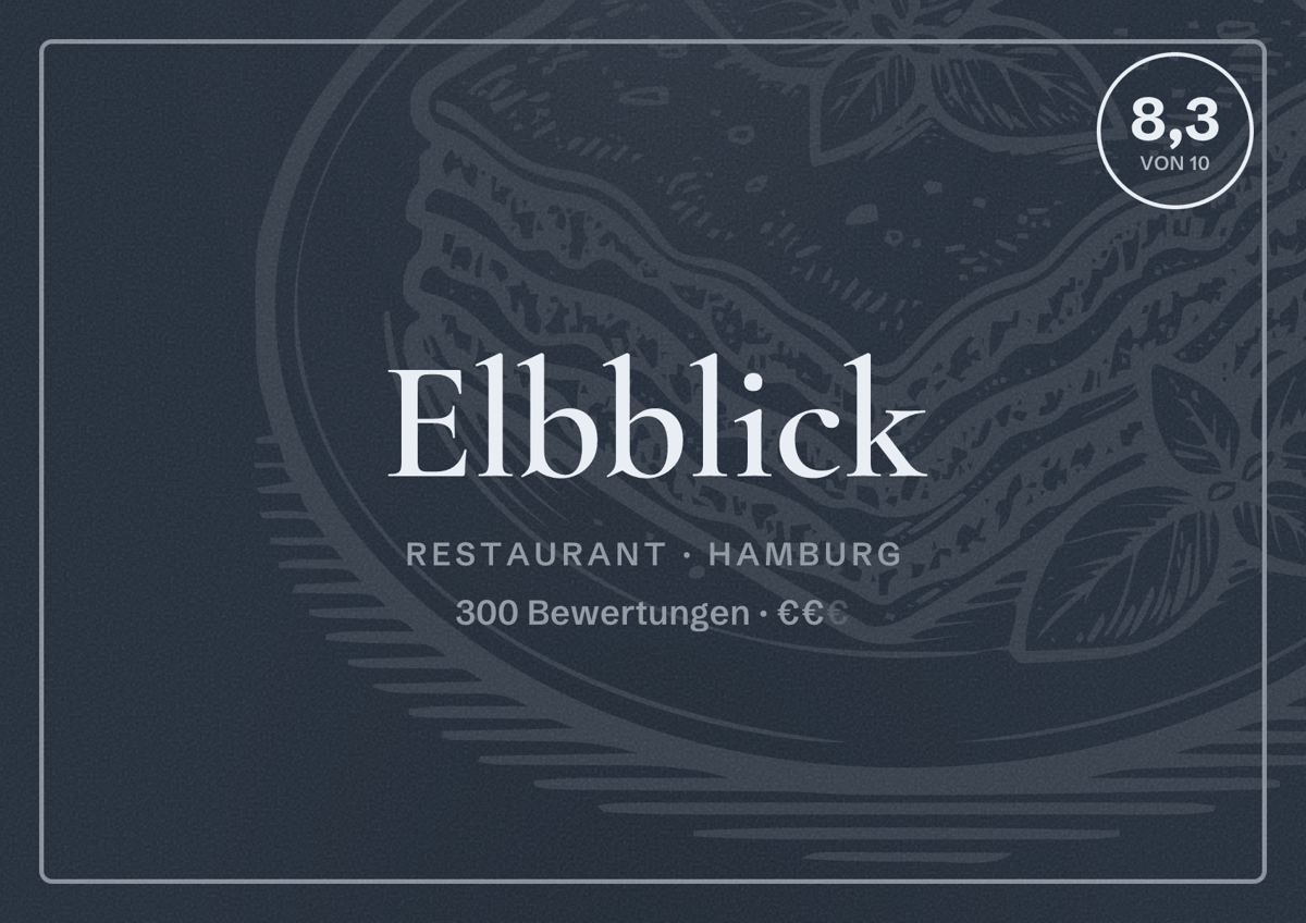 Illustriertes Poster von Elbblick, Restaurant in Hamburg: Bewertung 8,3 von 10 aus 300 Bewertungen, Preisniveau €€