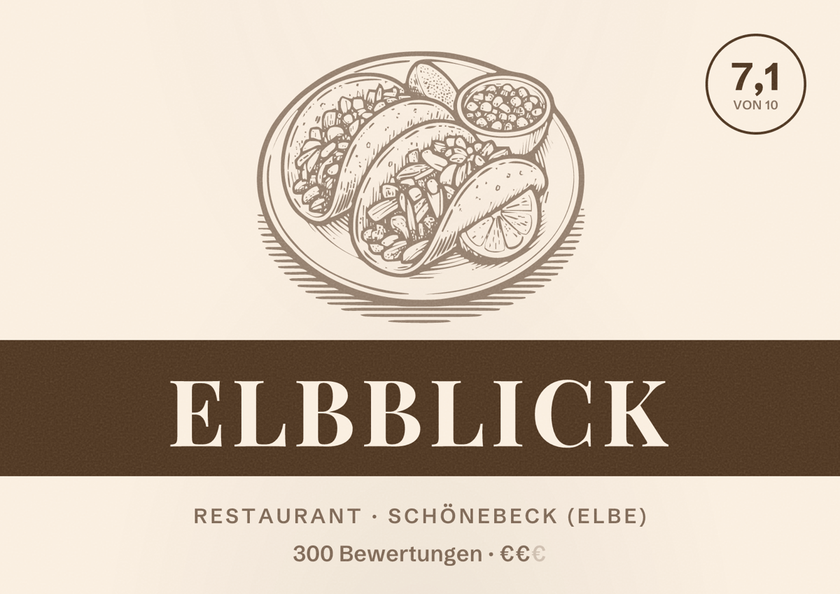 Illustriertes Poster von Elbblick, Restaurant in Schönebeck (Elbe): Bewertung 7,1 von 10 aus 300 Bewertungen, Preisniveau €€