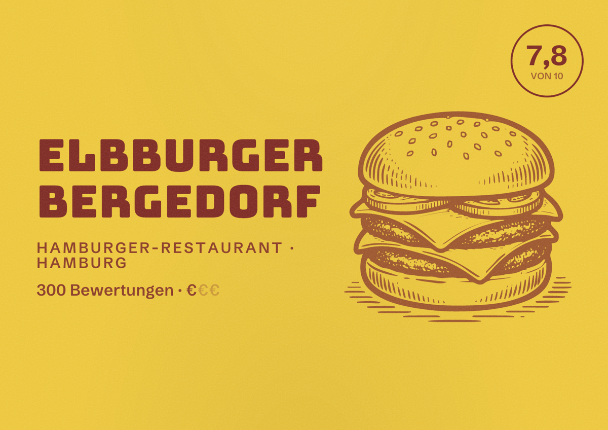 Illustriertes Poster von Elbburger Bergedorf, Hamburger-Restaurant in Hamburg: Bewertung 7,8 von 10 aus 300 Bewertungen, Preisniveau €