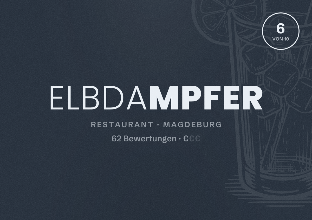 Illustriertes Poster von Elbdampfer, Restaurant in Magdeburg: Bewertung 6,0 von 10 aus 62 Bewertungen, Preisniveau €