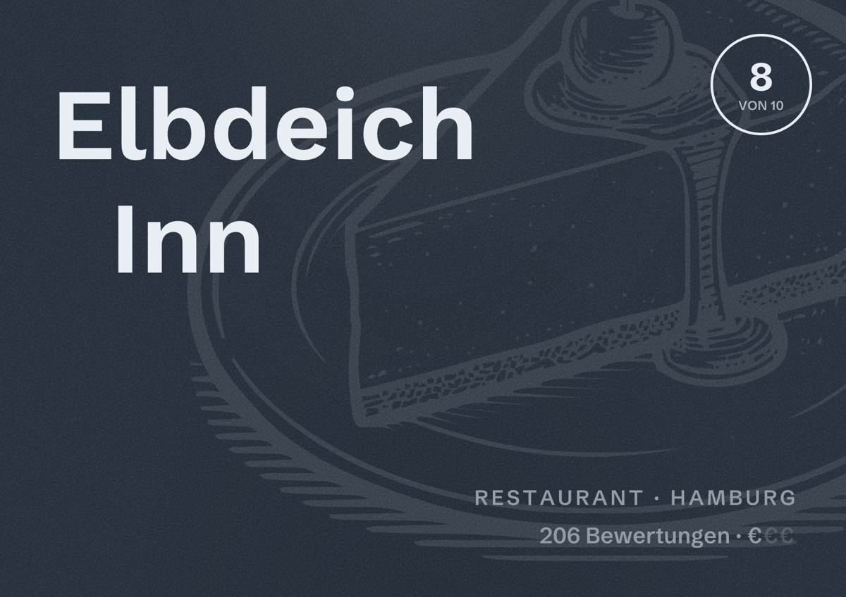 Illustriertes Poster von Elbdeich Inn, Restaurant in Hamburg: Bewertung 8,0 von 10 aus 206 Bewertungen, Preisniveau €
