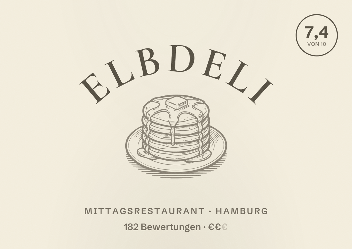 Illustriertes Poster von elbdeli, Mittagsrestaurant in Hamburg: Bewertung 7,4 von 10 aus 182 Bewertungen, Preisniveau €€