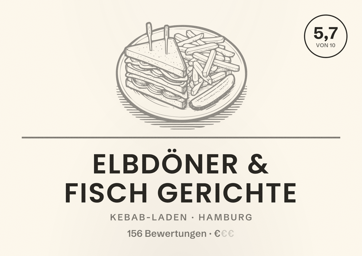 Illustriertes Poster von Elbdöner & Fisch Gerichte, Kebab-Laden in Hamburg: Bewertung 5,7 von 10 aus 156 Bewertungen, Preisniveau €