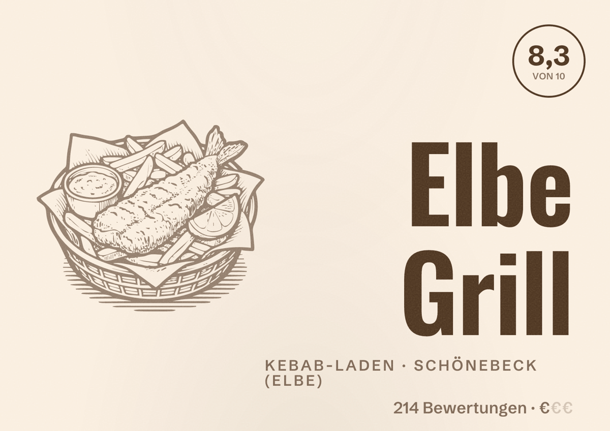Illustriertes Poster von Elbe Grill, Kebab-Laden in Schönebeck (Elbe): Bewertung 8,3 von 10 aus 214 Bewertungen, Preisniveau €