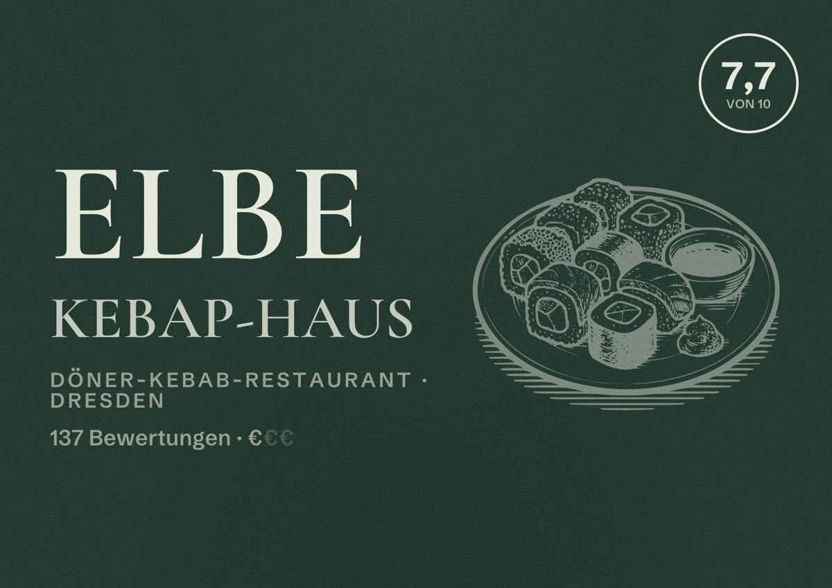 Illustriertes Poster von Elbe Kebap-Haus, Döner-Kebab-Restaurant in Dresden: Bewertung 7,7 von 10 aus 137 Bewertungen, Preisniveau €