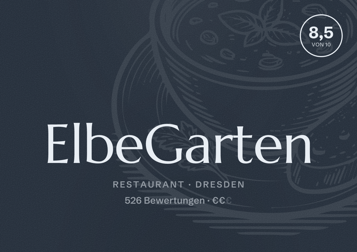 Illustriertes Poster von ElbeGarten, Restaurant in Dresden: Bewertung 8,5 von 10 aus 526 Bewertungen, Preisniveau €€