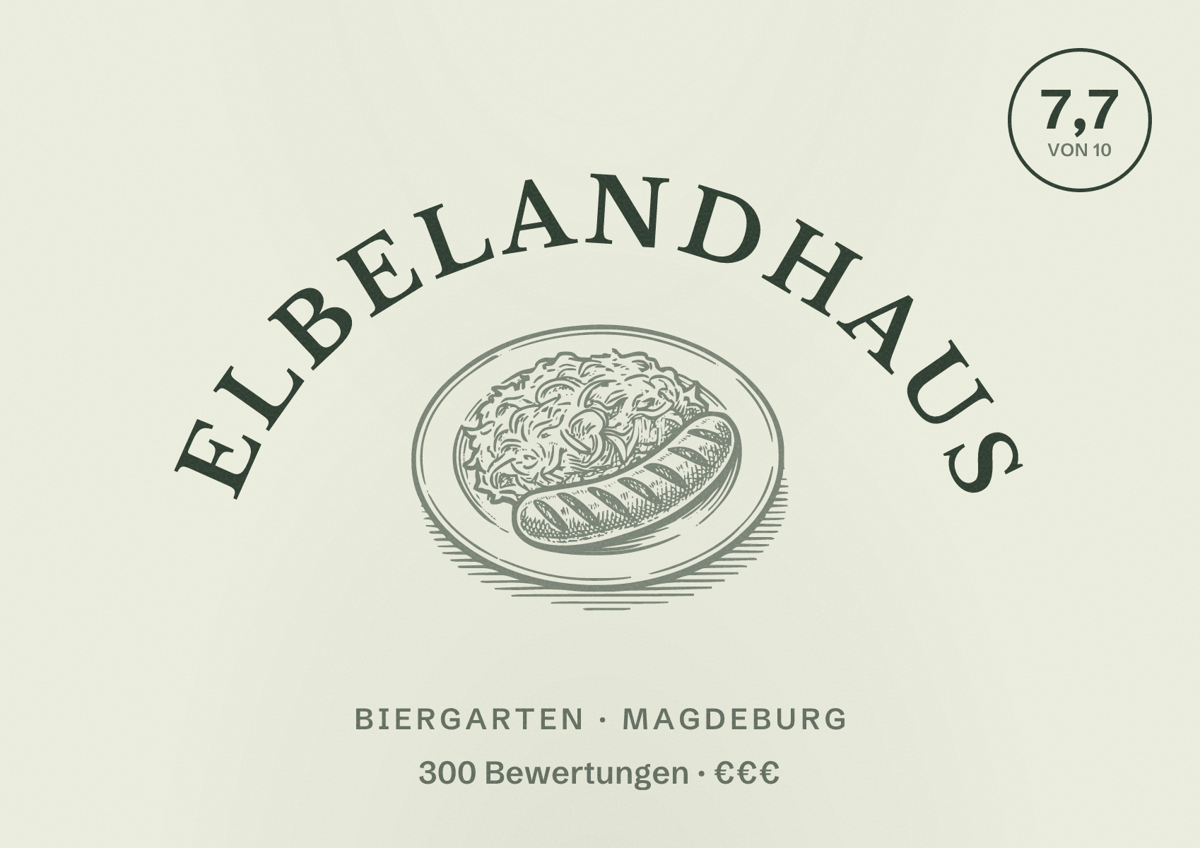 Illustriertes Poster von Elbelandhaus, Biergarten in Magdeburg: Bewertung 7,7 von 10 aus 300 Bewertungen, Preisniveau €€€