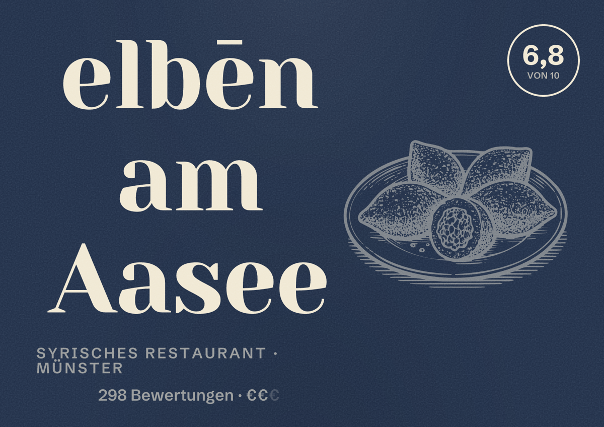 Illustriertes Poster von elbēn am Aasee, Syrisches Restaurant in Münster: Bewertung 6,8 von 10 aus 298 Bewertungen, Preisniveau €€