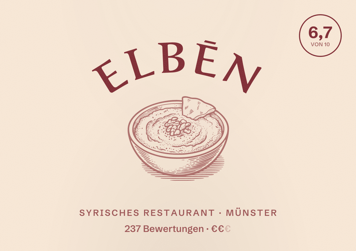 Illustriertes Poster von elbēn, Syrisches Restaurant in Münster: Bewertung 6,7 von 10 aus 237 Bewertungen, Preisniveau €€