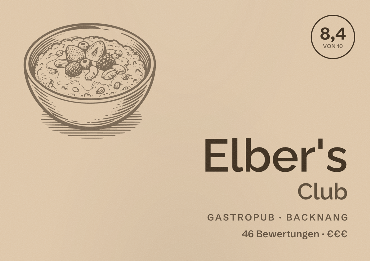 Illustriertes Poster von Elber's Club, Gastropub in Backnang: Bewertung 8,4 von 10 aus 46 Bewertungen, Preisniveau €€€