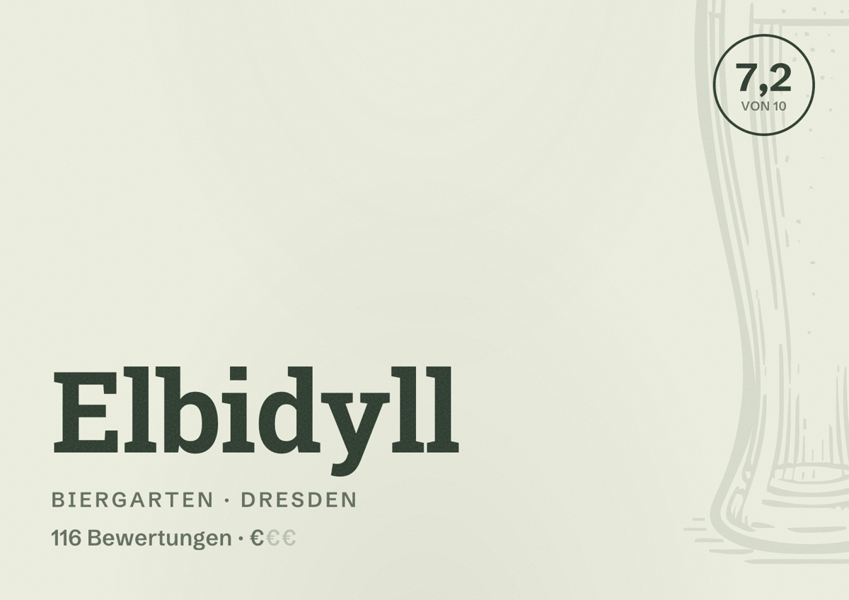 Illustriertes Poster von Elbidyll, Biergarten in Dresden: Bewertung 7,2 von 10 aus 116 Bewertungen, Preisniveau €