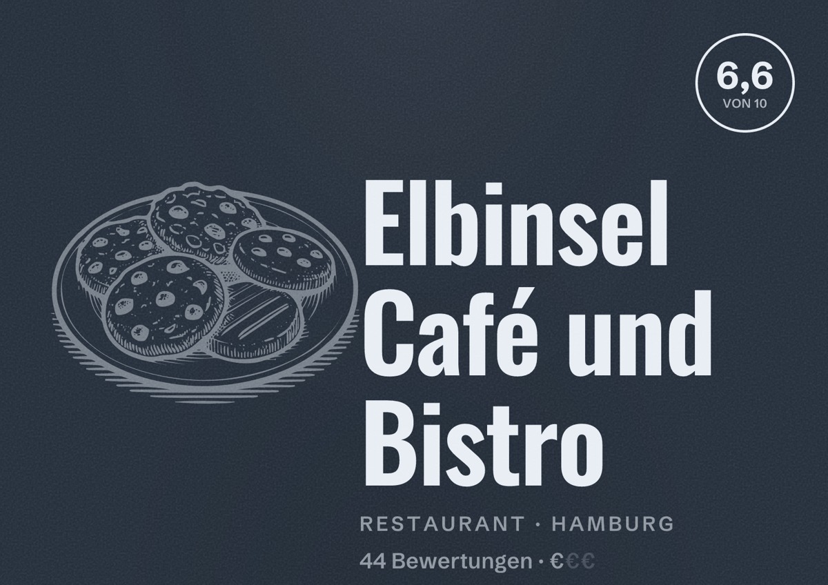 Illustriertes Poster von Elbinsel Café und Bistro, Restaurant in Hamburg: Bewertung 6,6 von 10 aus 44 Bewertungen, Preisniveau €