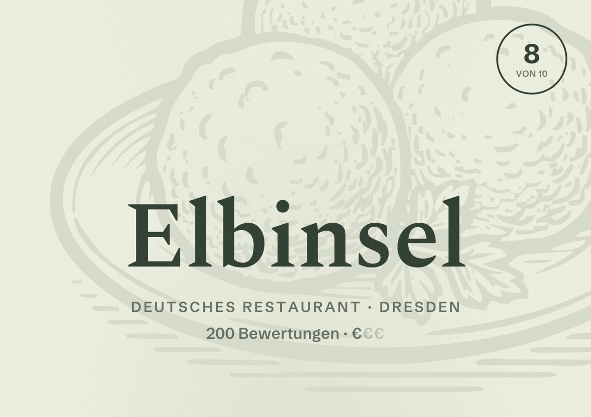 Illustriertes Poster von Elbinsel, Deutsches Restaurant in Dresden: Bewertung 8 von 10 aus 200 Bewertungen, Preisniveau €