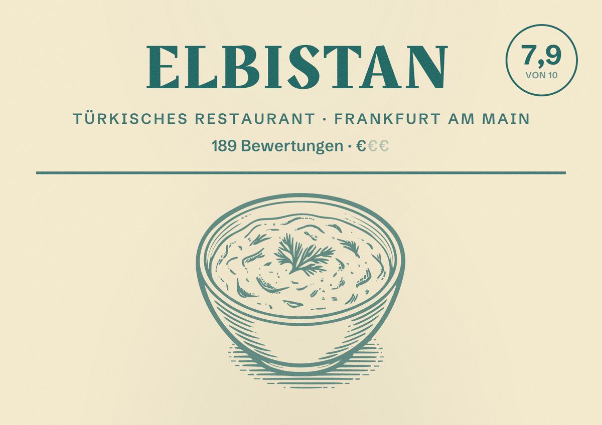 Illustriertes Poster von Elbistan, Türkisches Restaurant in Frankfurt am Main: Bewertung 7,9 von 10 aus 189 Bewertungen, Preisniveau €