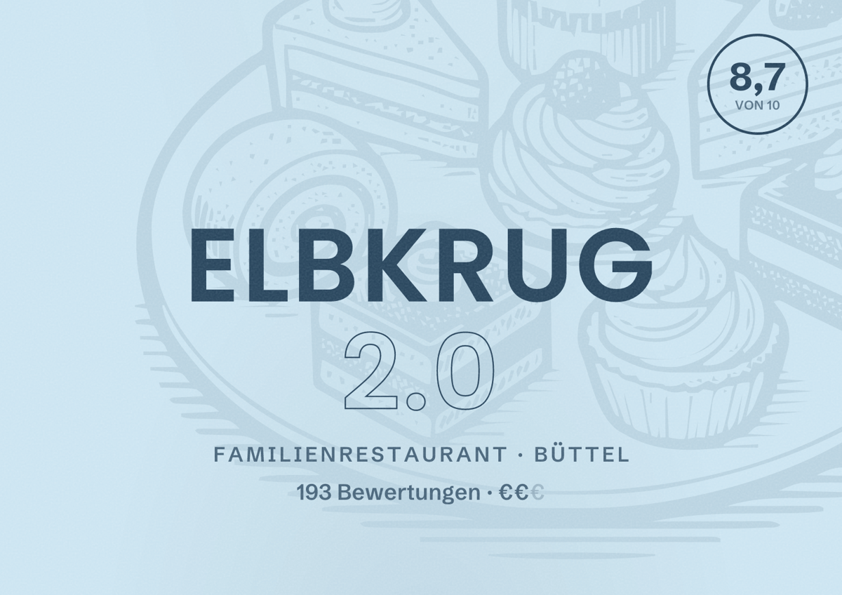 Illustriertes Poster von Elbkrug 2.0, Familienrestaurant in Büttel: Bewertung 8,7 von 10 aus 193 Bewertungen, Preisniveau €€