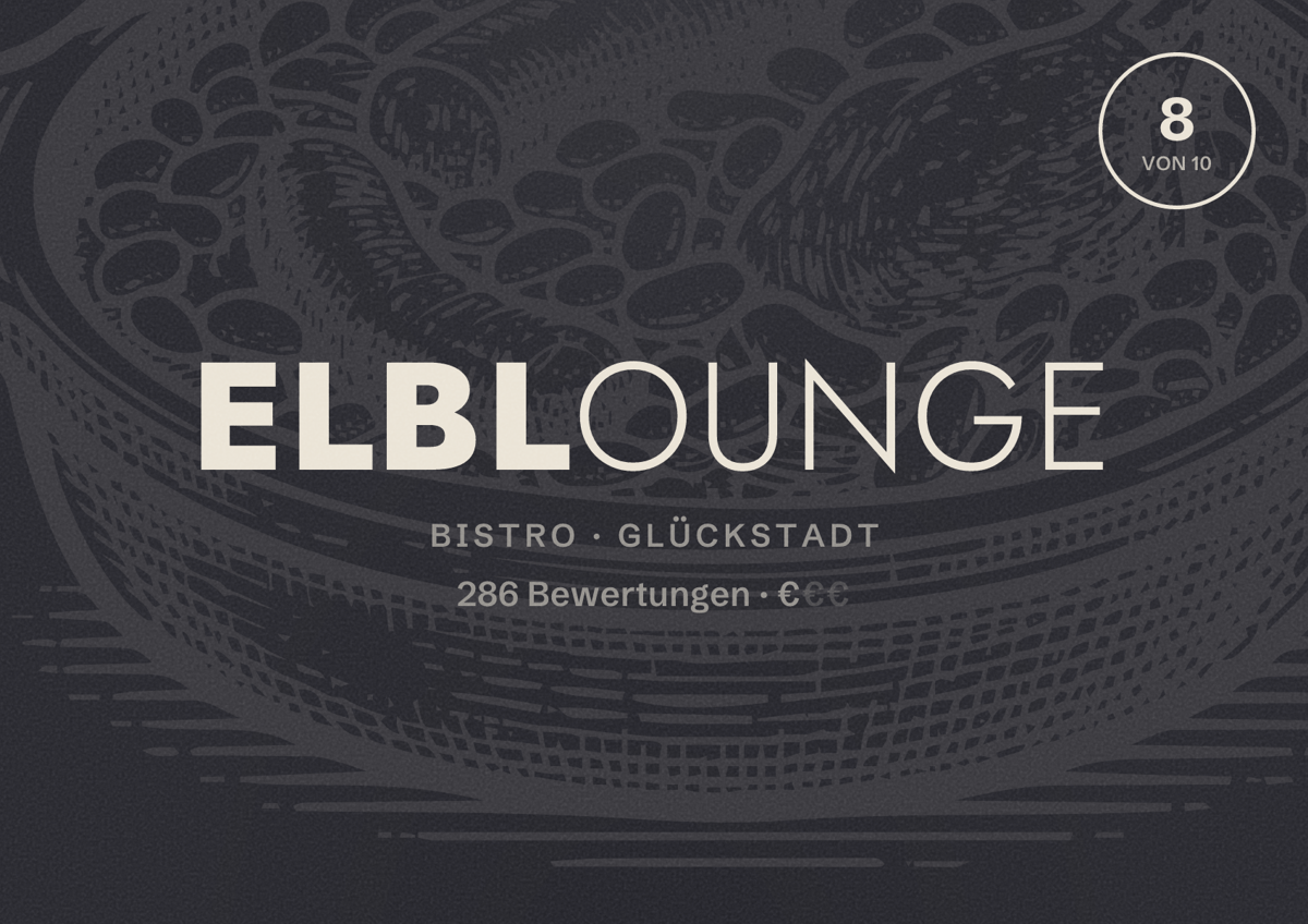 Illustriertes Poster von Elblounge, Bistro in Glückstadt: Bewertung 8 von 10 aus 286 Bewertungen, Preisniveau €