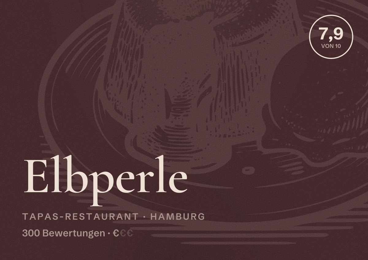 Illustriertes Poster von Elbperle, Tapas-Restaurant in Hamburg: Bewertung 7,9 von 10 aus 300 Bewertungen, Preisniveau €