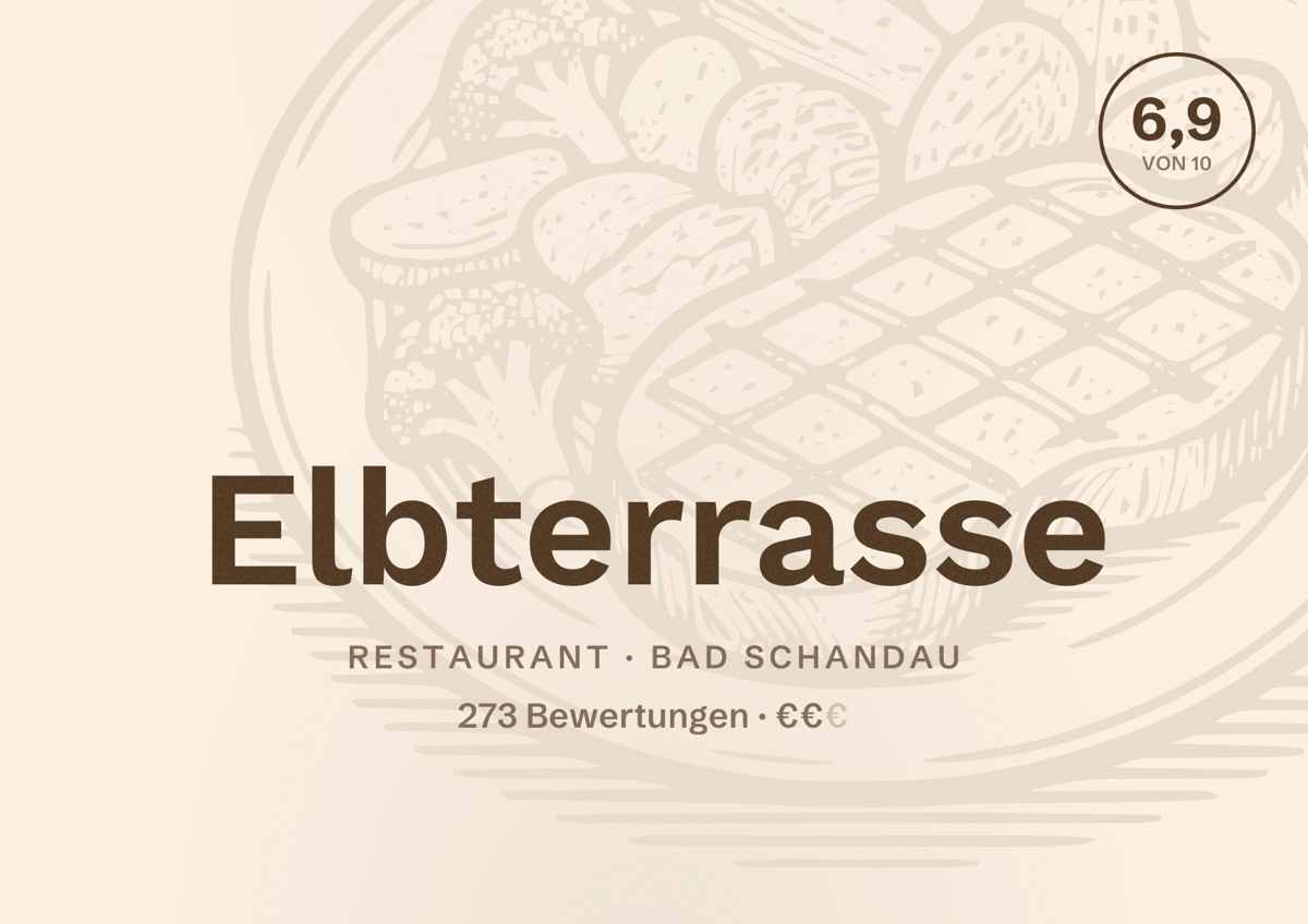 Illustriertes Poster von Elbterrasse, Restaurant in Bad Schandau: Bewertung 6,9 von 10 aus 273 Bewertungen, Preisniveau €€