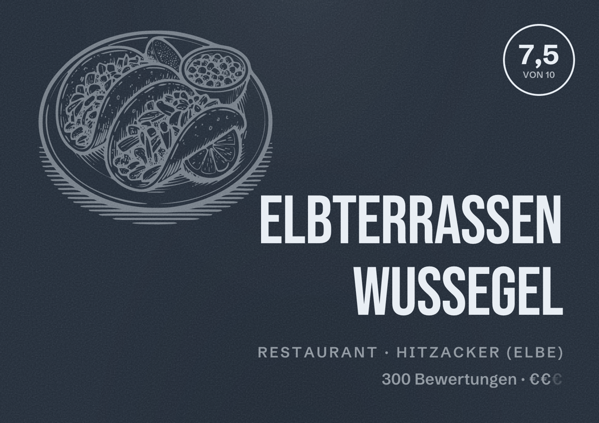 Illustriertes Poster von Elbterrassen Wussegel, Restaurant in Hitzacker (Elbe): Bewertung 7,5 von 10 aus 300 Bewertungen, Preisniveau €€