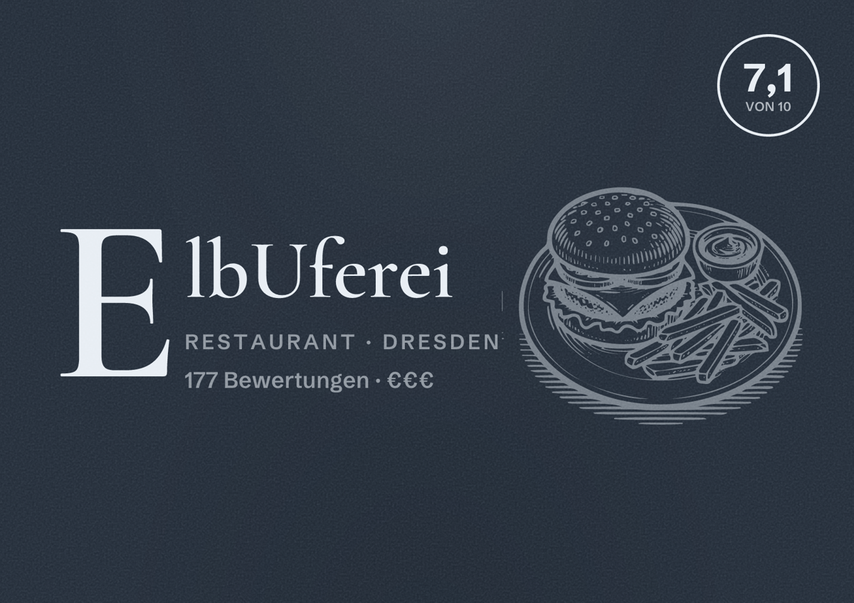 Illustriertes Poster von ElbUferei, Restaurant in Dresden: Bewertung 7,1 von 10 aus 177 Bewertungen, Preisniveau €€€