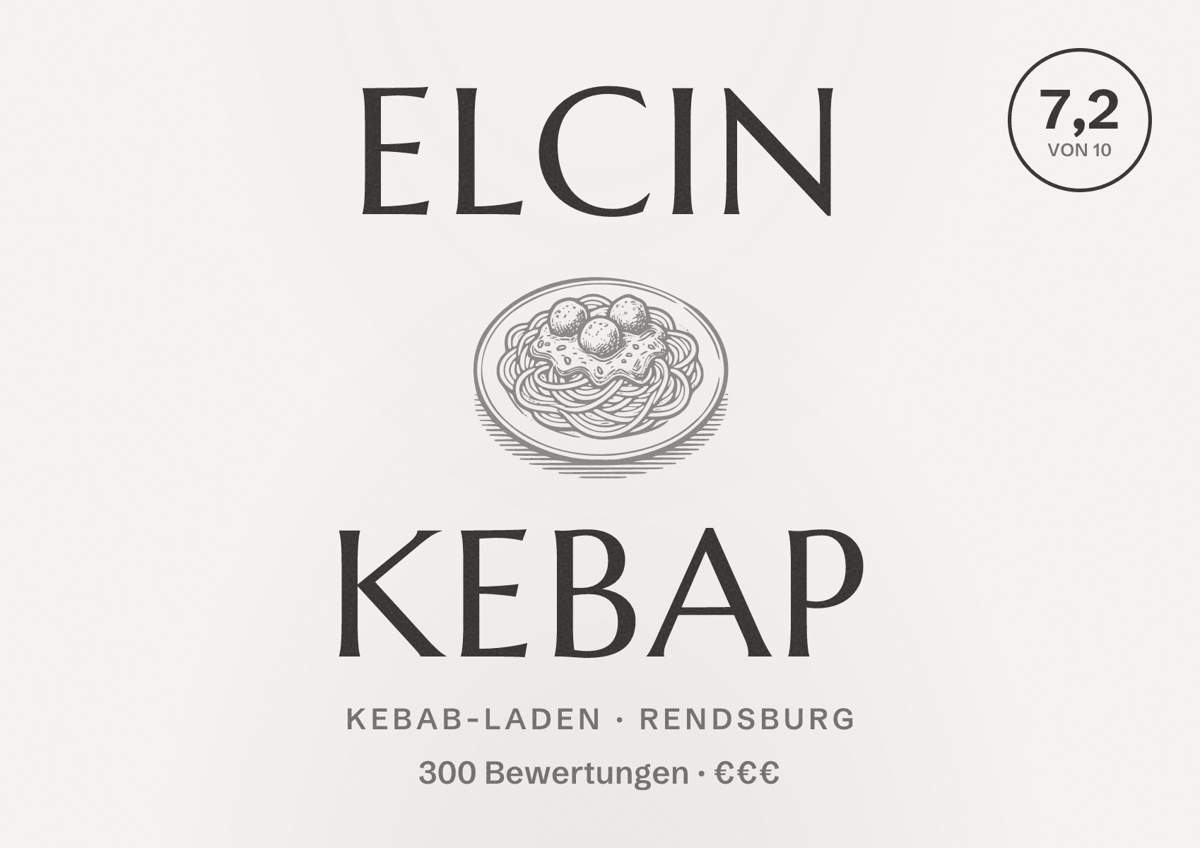 Illustriertes Poster von Elcin Kebap, Kebab-Laden in Rendsburg: Bewertung 7,2 von 10 aus 300 Bewertungen, Preisniveau €€€