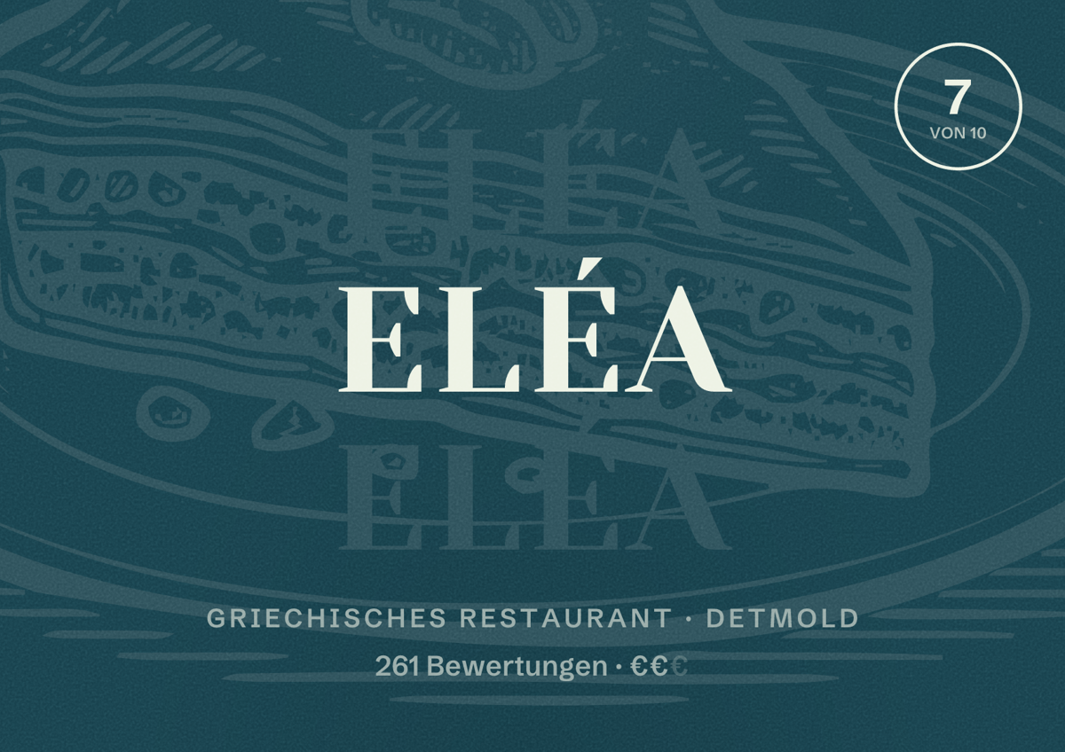 Illustriertes Poster von Eléa, Griechisches Restaurant in Detmold: Bewertung 7 von 10 aus 261 Bewertungen, Preisniveau €€